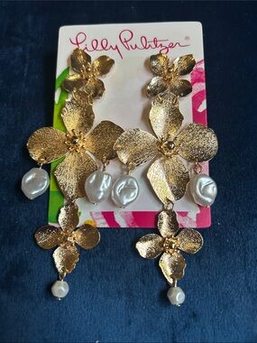 Lilly Pulitzer Via Flora Earrings Gold Metallic Pearl Floral Statement NWT